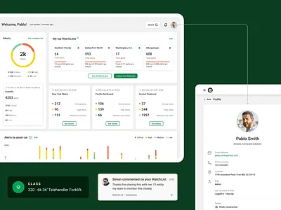 Equipment Rental Company Portal (2) alerts bar chart company portal consulting cx dashboard data visualization data viz equipment management portal pei chart persona portal product design profile rental risk tracking ui ux