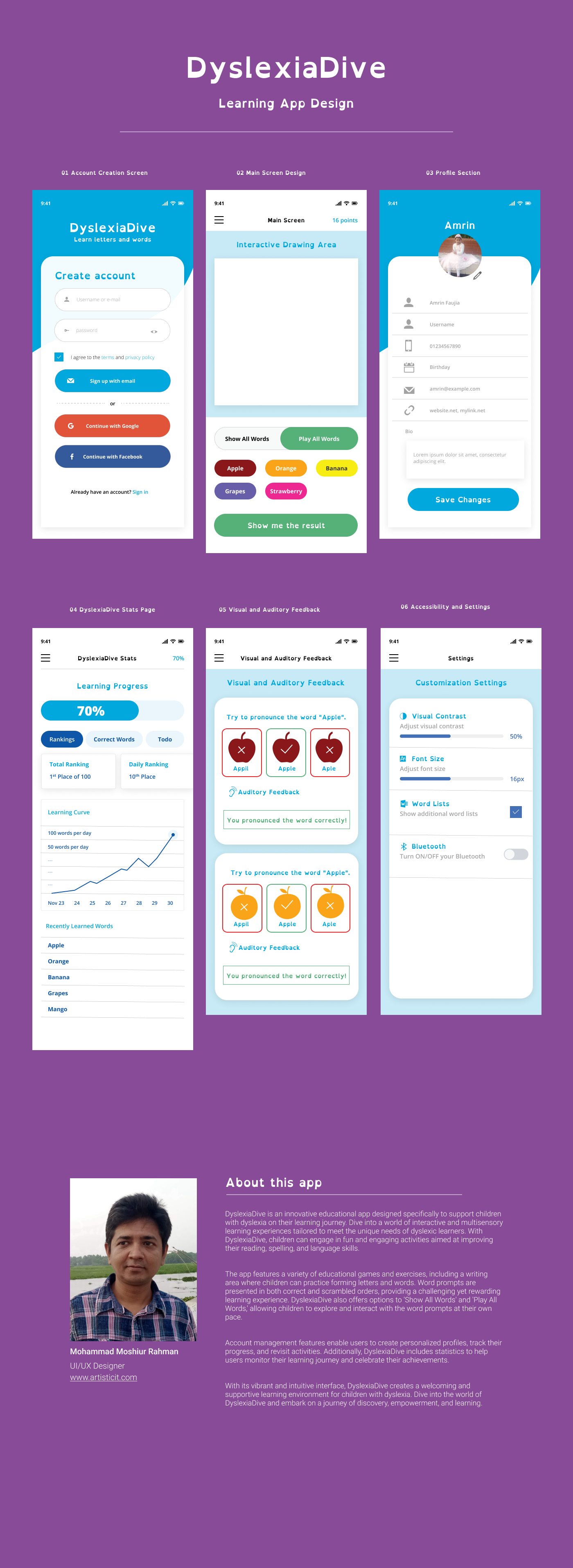 DyslexiaDive branding graphic design logo spellingskills ui