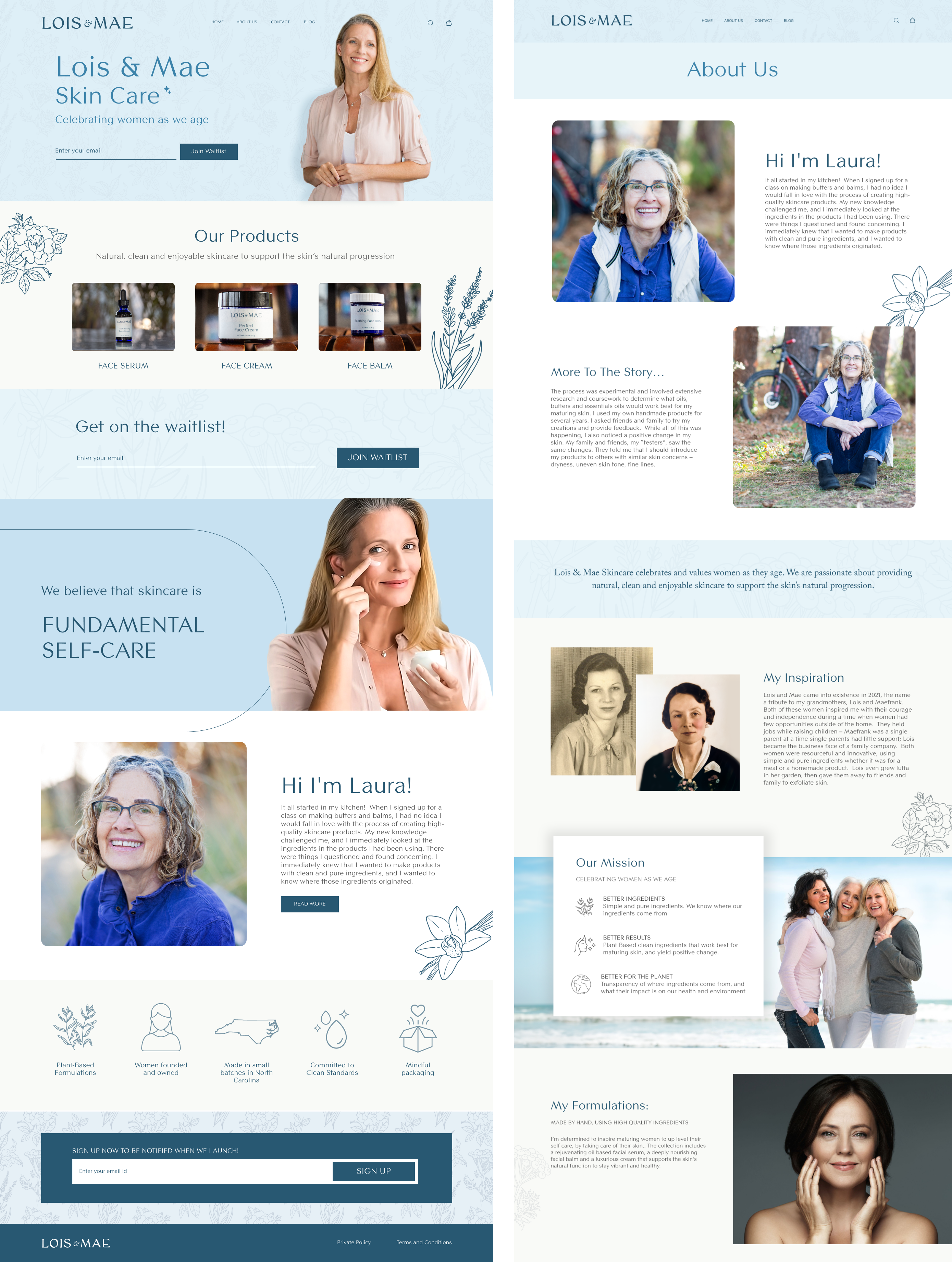 Ui design of the Landing and About page for a Cosmetic brand about blue branding cosmetic cream design figma graphic design illustration landing logo minimalistic mockup modern page photoshop skin ui vector white