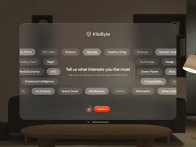 Onboarding - Choose your interests ✅ app apple design glassmorphism inspiration interaction interests onboarding orange typography ui vision pro