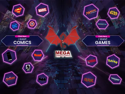 Landing page banner design for a Gaming and Comic website banner branding buttons comics dark design figma games gaming glow graphic design illustration landing logo mockup photoshop purple ui vector