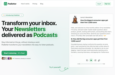 Podletter | Listen to your Newsletters ai newsletter podcast podletter saas side project text to audio text to speech ui