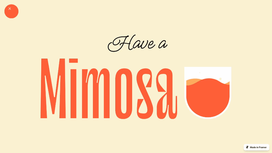 Mimosa Landing Page animated landing page champagne framer framer remix framer website landing page looping animation mimosa orange responsive visual design water animation web design