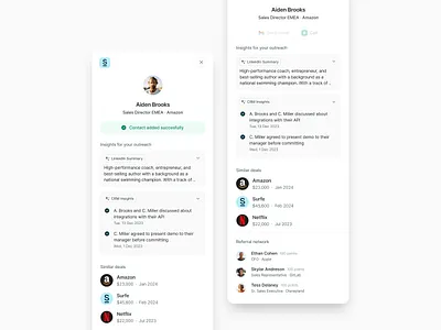 CRM Insights — Surfe UI ai summary contact added contact details contact insights contact view crm design system insights minimal design outreach outreach insights product design prospecting referral list similar deals slide out ui design uiux ux design visual design