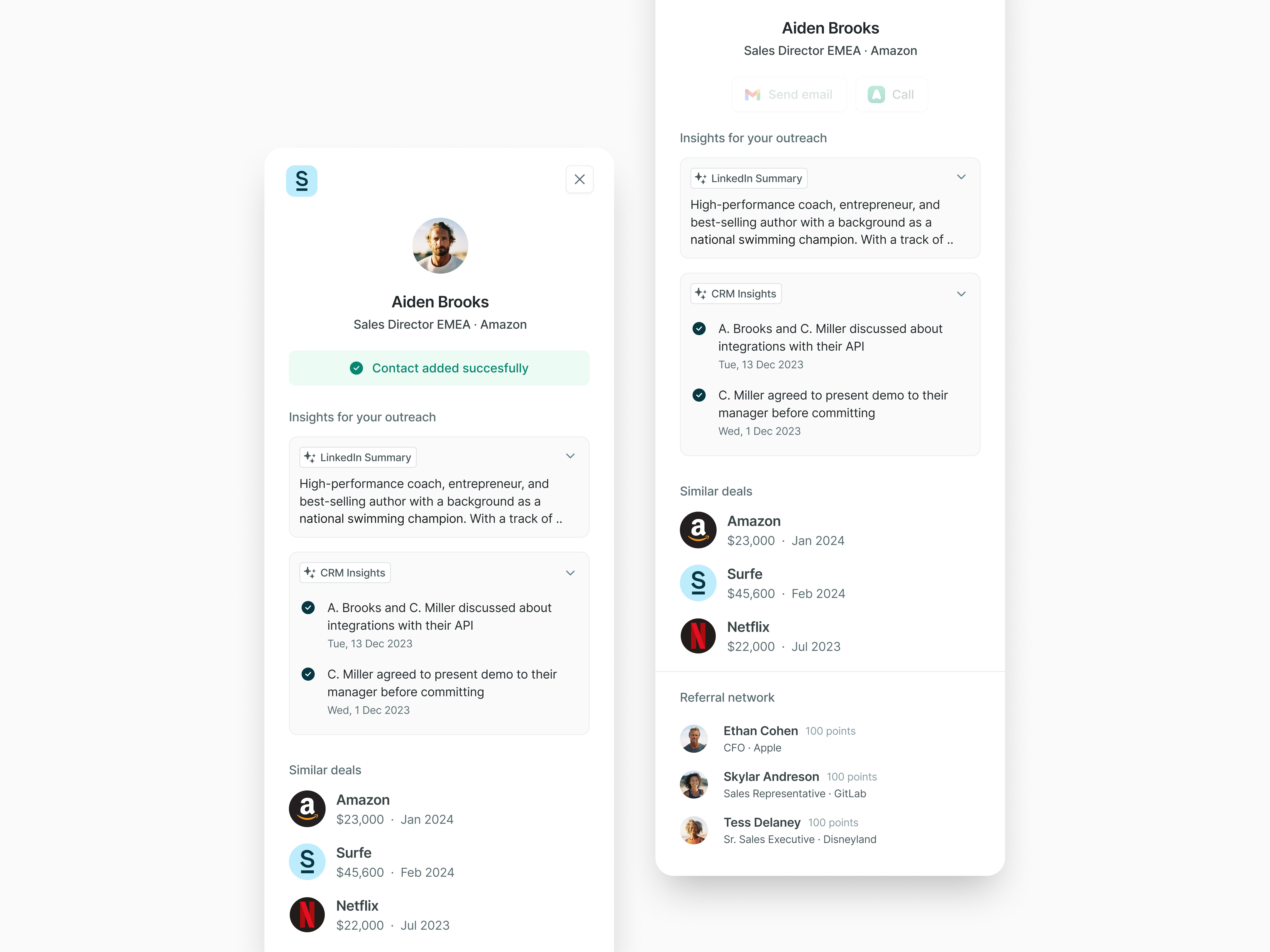 Example of CRM Insights — Surfe UI