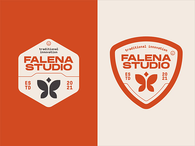 FALENA STUDIO – Double Lockup 70s branding falena falena studio hexagon lockup logo logo design moth packaging patch rhox shield vintage visual identity