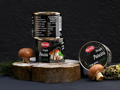 Pack Nova Funghi - Proposal 02b 3d black blender can dark design funghi graphic design illustration illustrator indesign mushroom nova pack packaging photoshop render tin