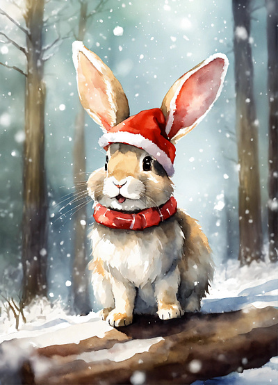 A cute happy rabbit in forest with Christmas hat cute rabbit