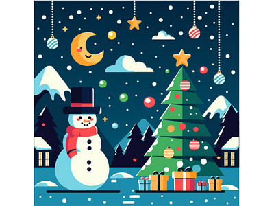 Winter with Snowman Gift Boxes and Tree Illustration background beautiful boxes cartoon christmas forest gift holiday house illustration moon mountain night scenery season snowman trees village wallpaper winter
