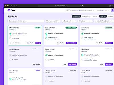 Pam - Manage Residents b2b badge card care crm dashboard elder elderly care filter health healthcare hospital medical placement residential saas senior sort status web app
