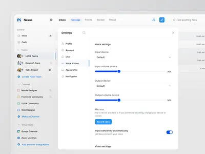 Settings - Voice and Video Page audio cansaas clean design minimalist product design saas settings ui ux video voice settings web app web design website