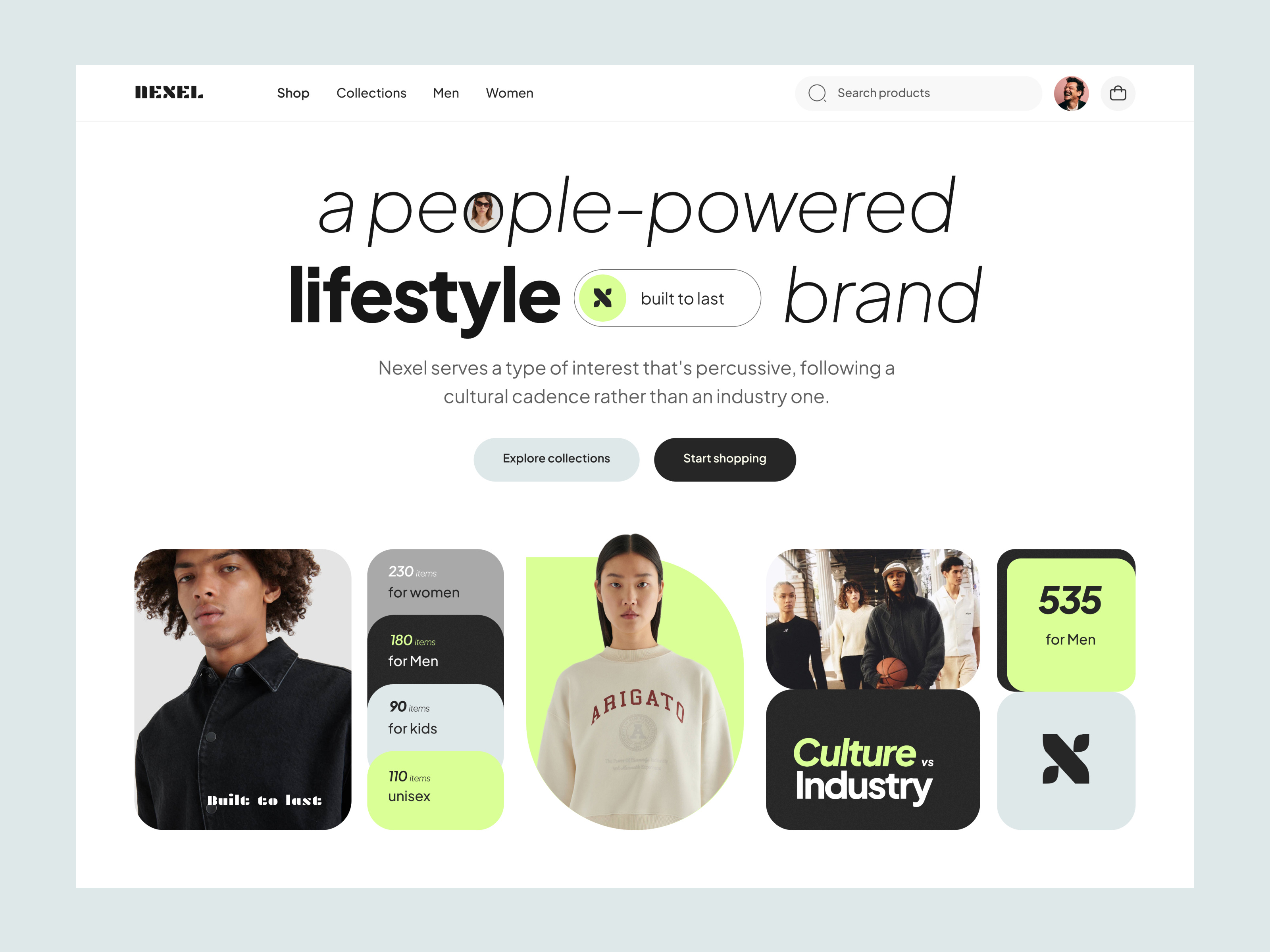 Nexel - fashion e-commerce bento branding clean clothing e commerce fashion grid home landing page minimal product page shop single product ui visual identity website