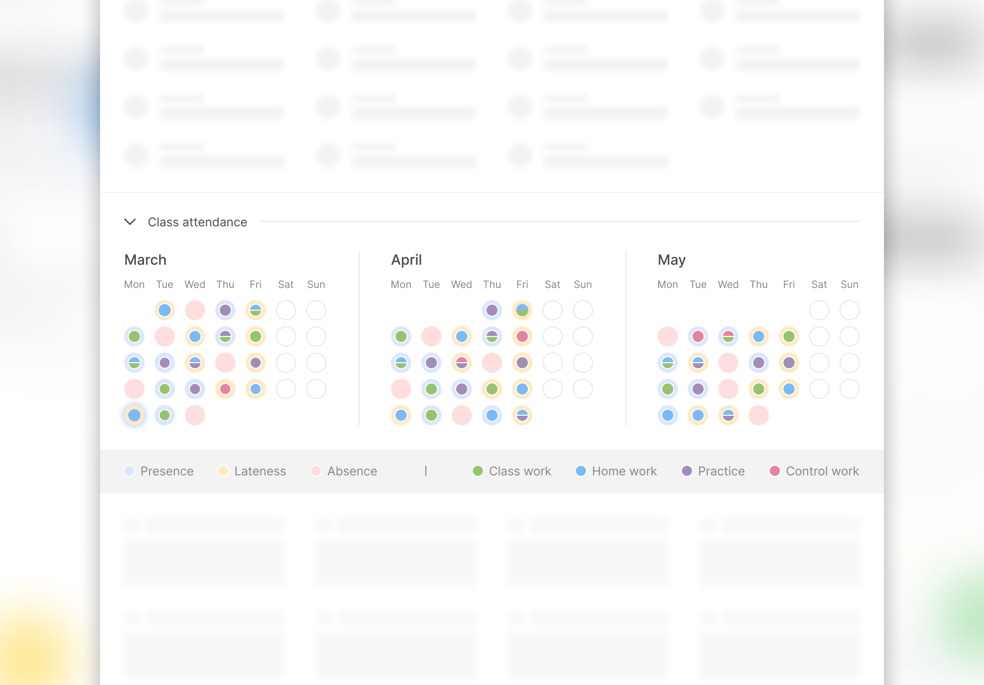 Attendance and grade details admin attendance calendar datepicker details grades school statistics student progress success rate ui