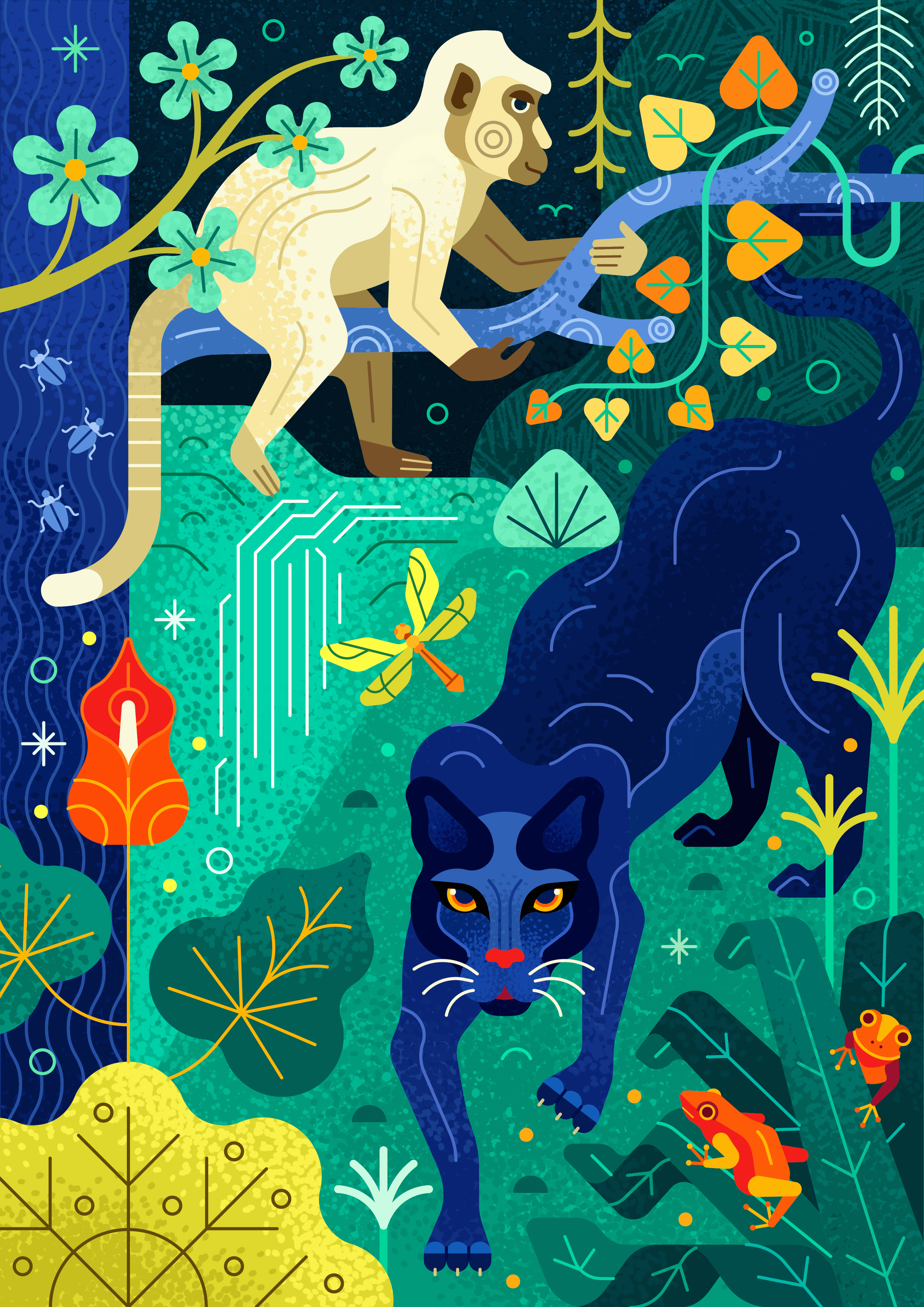 Rainforest panther animals design dragolfly flowers forest frog illustration illustrator jungle leaves macaque monkey nature panther plants texture tropical vector vectorart wild
