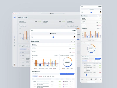 Ship.it - Shipping Dashboard, mobile and tablet screens bar chart billing donut chart filters freight invoice line chart logistics management mobile breakpoint responsive web design revenue shipment shipping coordination statistics supply chain table tablet breakpoint transportation web design