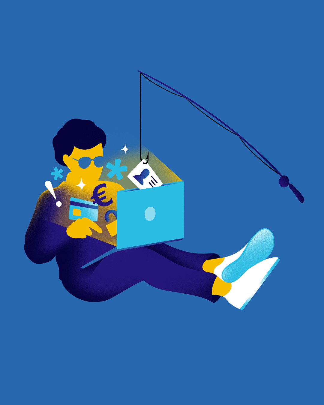 Don't just click on everything! bait card click computer credit cyber digital drawing editorial email graphic id illustration laptop lock mail man money phishing security