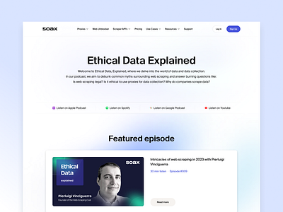 Soax - Podcast Page branding clean data design fintech landing podcast proxy ui uiux ux web