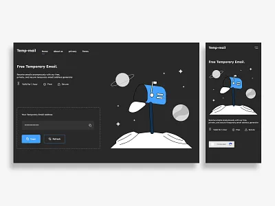 Temp-mail blue dark mode email inbox minimal space temporary email ui uiux uiux design uiux designer ux