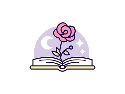 Flower + Book Logo book branding cartoon design feminine flat flower flowers illustration logo minimal moon night outline read reading rose roses stars vector