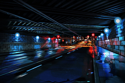 Rainy Night city illustration lights night print train