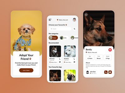 Pet Adoption Mobile App branding buttons categories details page dog filters graphic design home page illustration light mode onboarding pet adoption ui