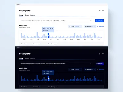 Log Explorer bar chart clean dark mode dashboard design explorer export log report run system ui ux