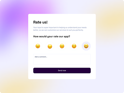 Rate us, feedback page, Send feedback emojis feedback gradient modal popup review box send feedback ui ux