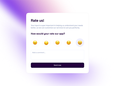 Rate us, feedback page, Send feedback emojis feedback gradient modal popup review box send feedback ui ux