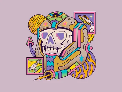 StarWaves album alien branding colorful death design graphic design gun helmet illustration merch mushroom playful psychedelic scifi skull space ufo ui war