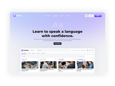 TalkWay Online Video Languages Courses blue branding courses dashboard design purple ui ux website white