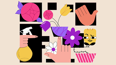 Flowers animation app branding character character design cute flat flowers garden hands illustration motion graphics pink plants print spring summer vector web yellow