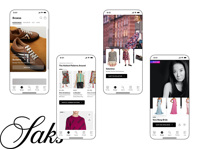 Saks iOS App - Browse Tab Content b2c bride burberry buy clothing dolce dress ecommerce heels ios mobile purchase retail saks fifth avenue search shoes shop sweater valentino womens