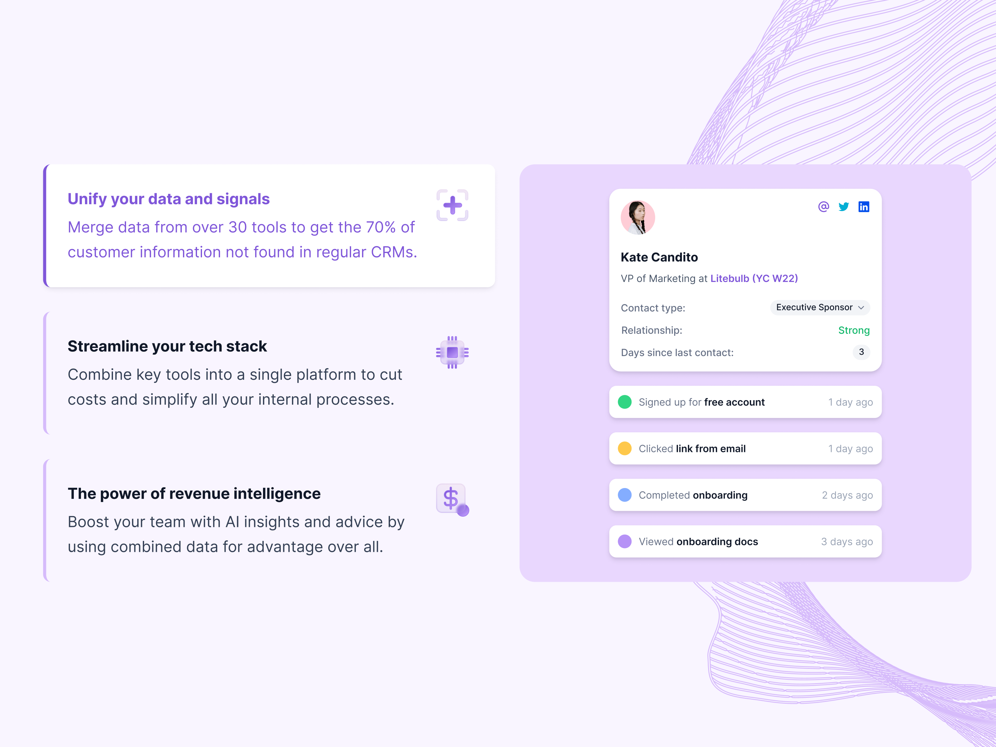Data & signals ai apollo artificial intelligence clay clearbit crm hubspot lantern lusha profile prospect prospecting revenue sales salesforce signals unify data user gems workflows zoominfo