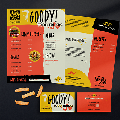 Fun Food Truck Brand Identity Set bold branding business card colorful flyer food truck fries hamburger marketing menu