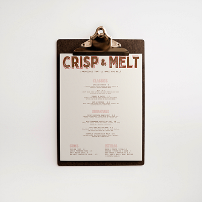 Crisp & Melt Menu branding burger restaurant design graphic design logotype menu menu design restaurant sandwich