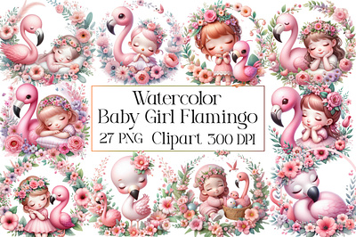 Watercolor Baby Girl Flamingo Clipart painting