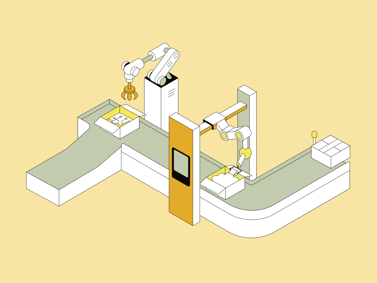 Automatic product packaging 2d after effects ai animation assembly line automation conveyor belt facility fake 3d illustration industrial robot logistics manufacturing equipment motion graphics packaging boxes products robotic hand smart factory vector