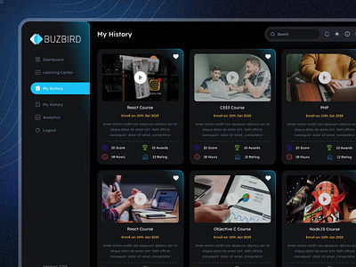 BuzBird - My History Page UI Design app design brand design branding course history dashboard ui design figma interaction design my history saas dashboard saas project ui user experience design user interface user interface design web ui design