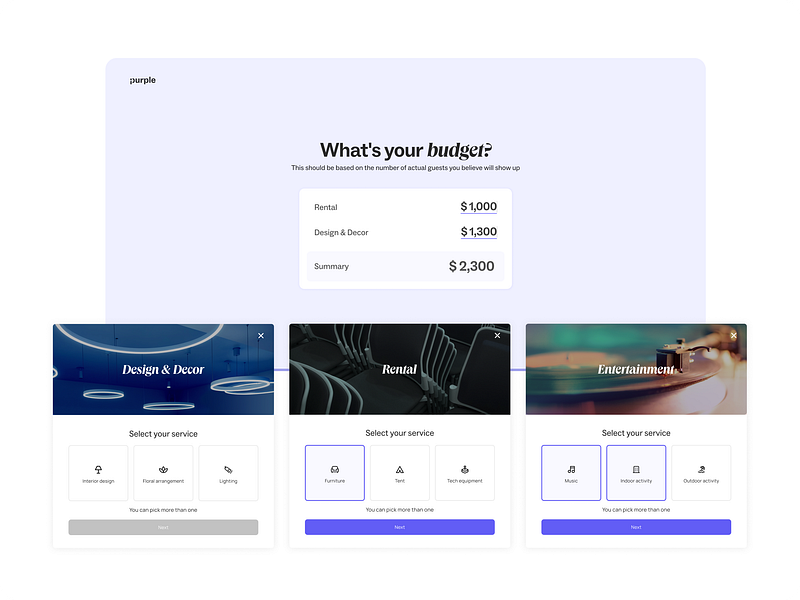 Purple Budget branding concept design creative direction customer experience design design inspiration design process design system illustration logo onboarding product design questioner responsive design saas ui ux