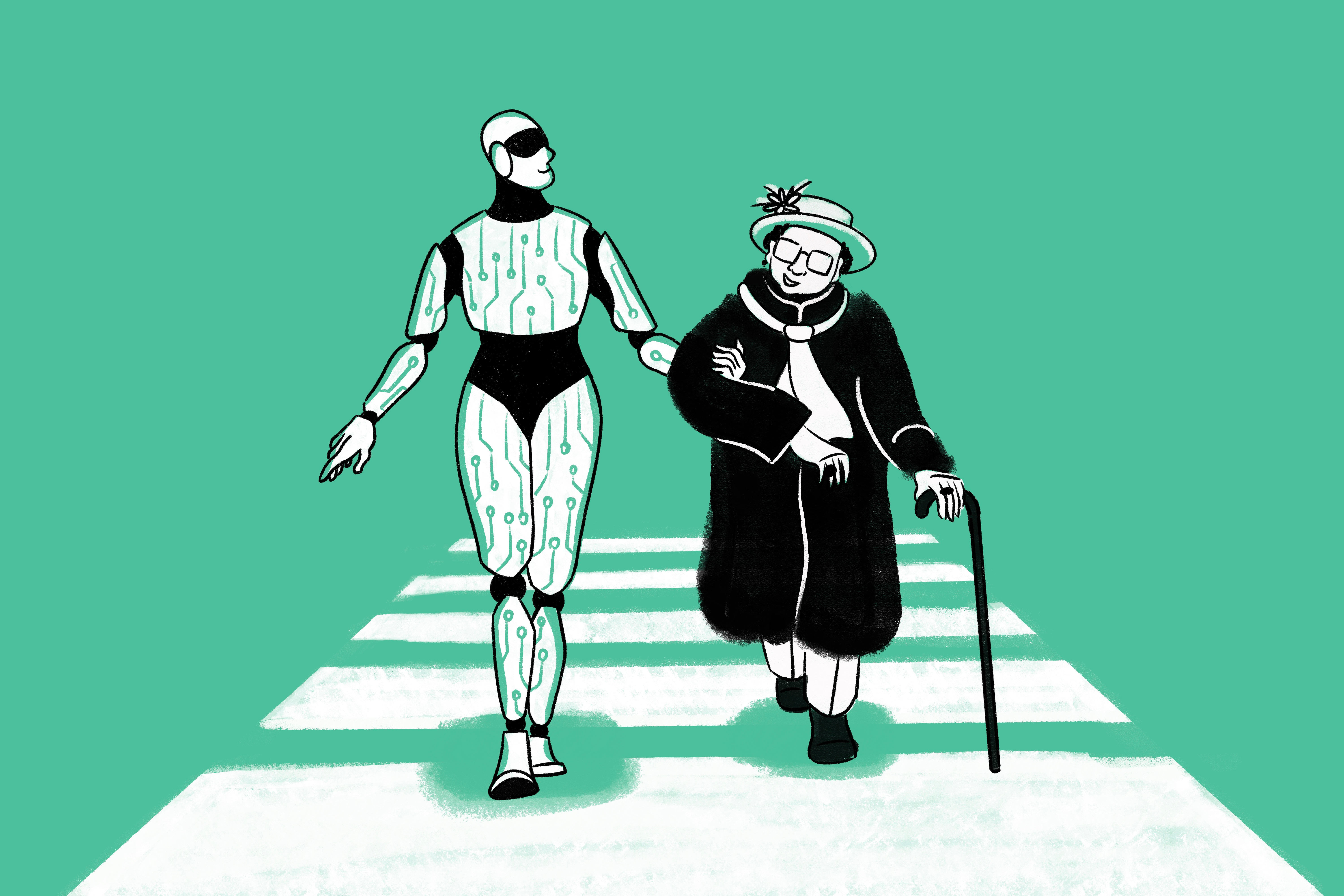 Future is here! ai ai illustration assistant robot character design design elderly care future of technology futuristic human illustration modern vector art product robot robot character tech tech and humanity technology ui vector webdesign