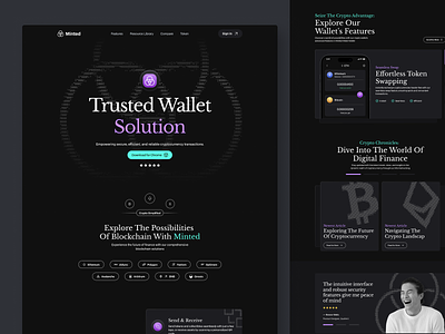 Minted - Crypto Wallet Landing Page 🪙 bitcoin blockchain crypto crypto wallet cryptocurrency dark dark theme design ethereum exchange finance landing page saas swap ui wallet web web design web3