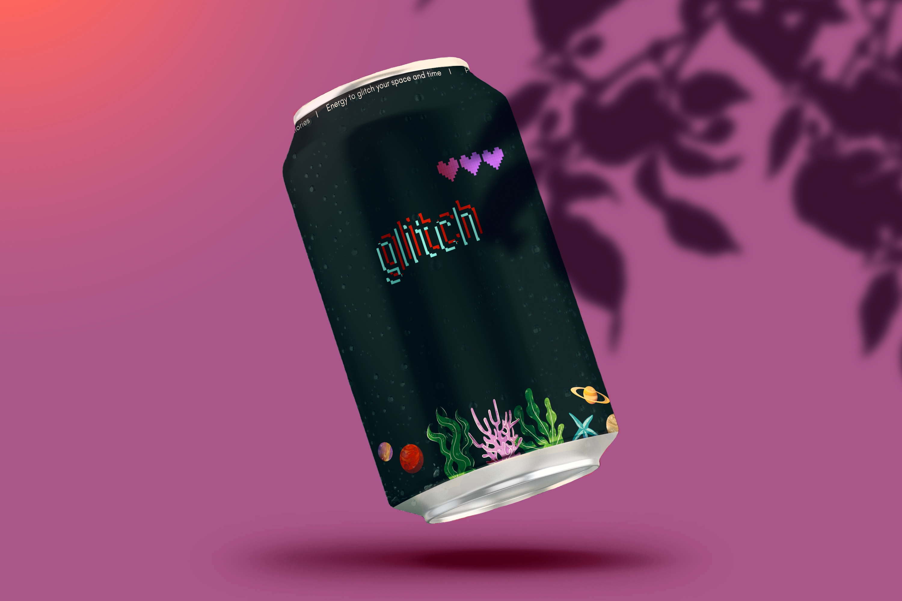 Glitch energy drink branding & 3d mockup 3d adobe illustrator adobe photoshop branding can color scheme energy drink figma glitch gradient graphic design illustration logo mockup pixel heart pop shadow soda space tin