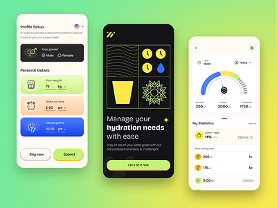 HydraTrack: Your Personal Hydration Assistant beverage clean design drink healthcare healthcare app hydrate hydration hydration app liquid minimal mobile app moisture monitoring nourish remind tracker ui ux water