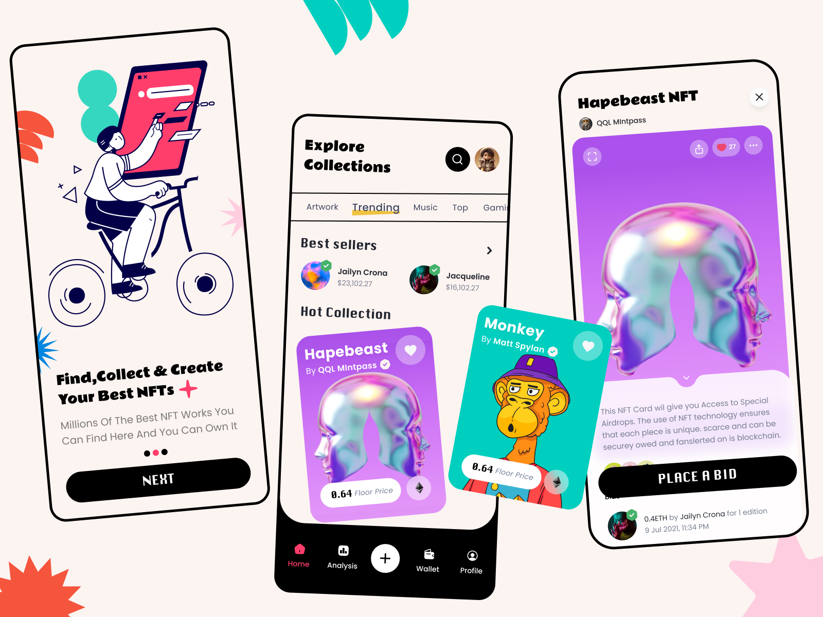 Conceptual UI Design for an NFT Collection App 3d animation app app design blockchain branding color creative app cryptocurrency interface marketplace metaverse minimalist mockup modern art nft collection onboarding social uiux wallet