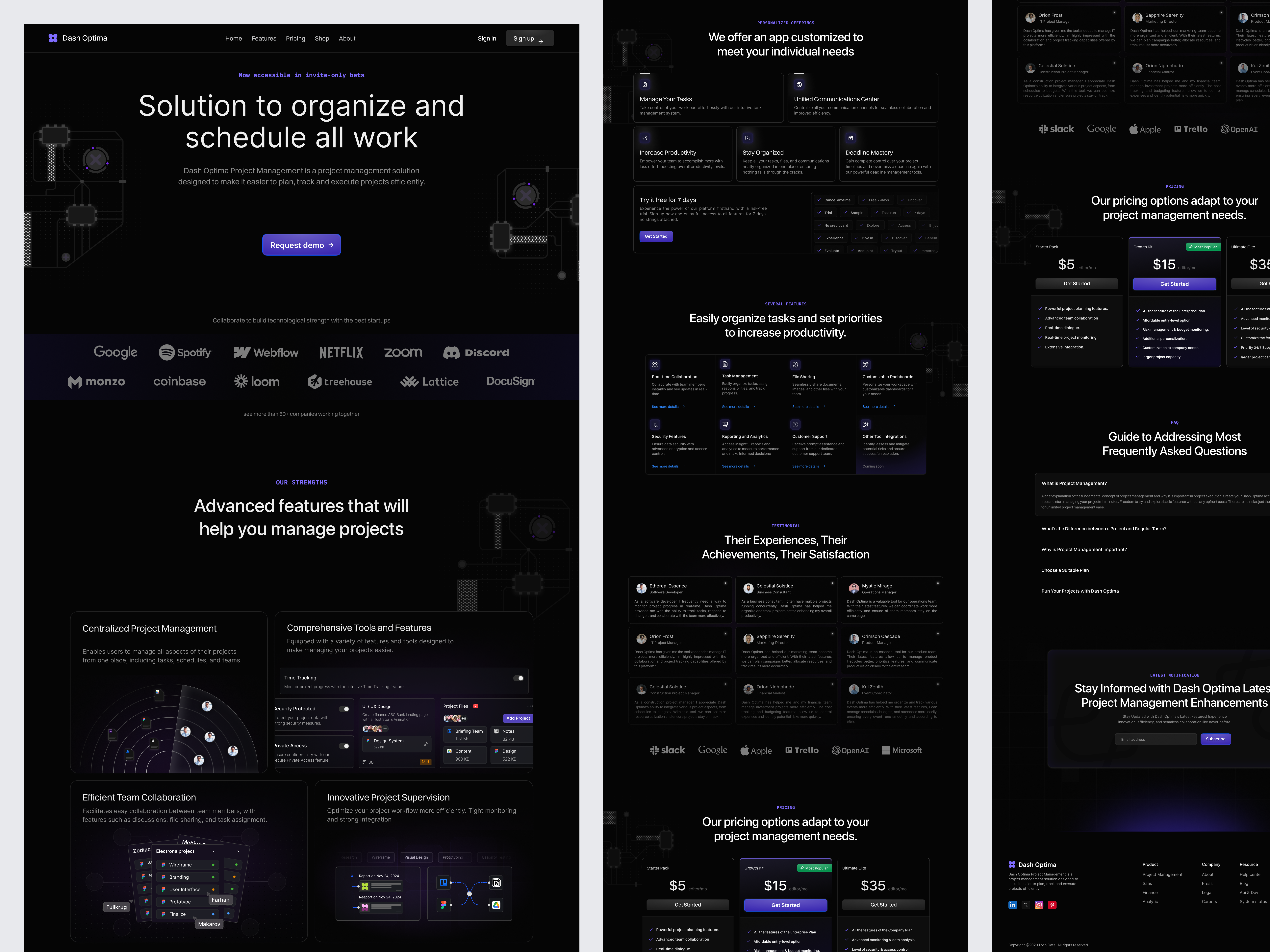 Dash Optima - Project Management Landing Page activity bento bento grid component dark mode detail futuristic landing page neon product design project roadmap saas saas product task management task tracking taskflow ui design web app website