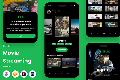 Cineflix - Movie Streaming Mobile App application cinema drama entertainment film interface layout movie multimedia online platform stream ui video watch