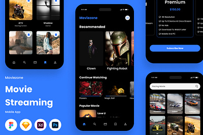 Moviezone - Movie Streaming Mobile App application cinema drama entertainment film interface layout movie multimedia online platform stream ui video watch