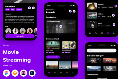 Filmex - Movie Streaming Mobile App application cinema drama entertainment film interface layout movie multimedia online platform stream ui video watch