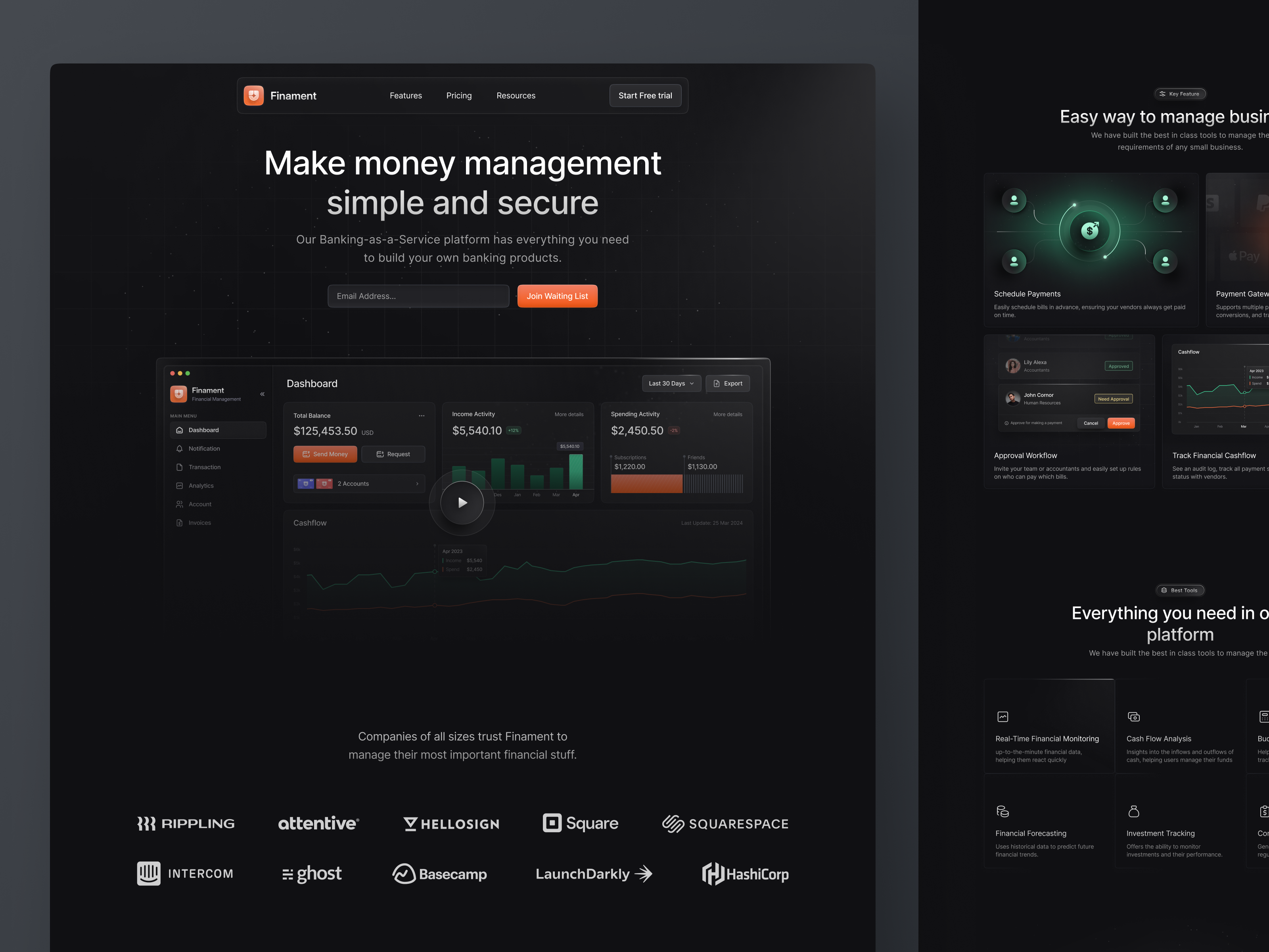 SaaS Finance Website - Finament dark mode darkmode dashboard website design features finance management fintech graph infographics landing page minimalist product website saas saas finance saas landing page saas website ui ux web design website