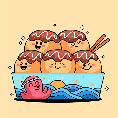 Takoyaki animal cartoon character colorful cute design eat food graphic design illustration japan octopus snack takoyaki